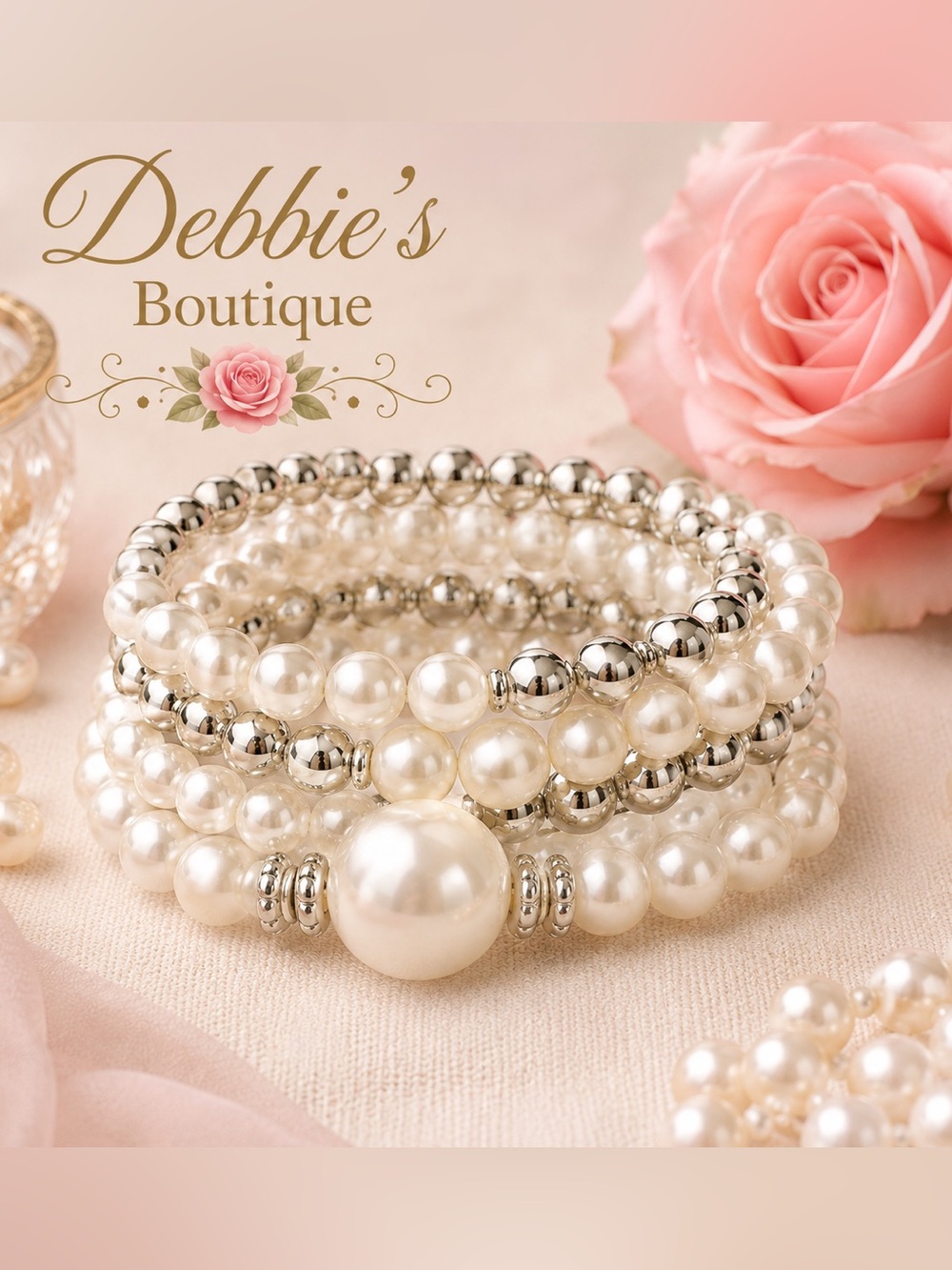 Multiple Available! Faux Pearl & Silver 5 Strand Stretch Bracelet Set